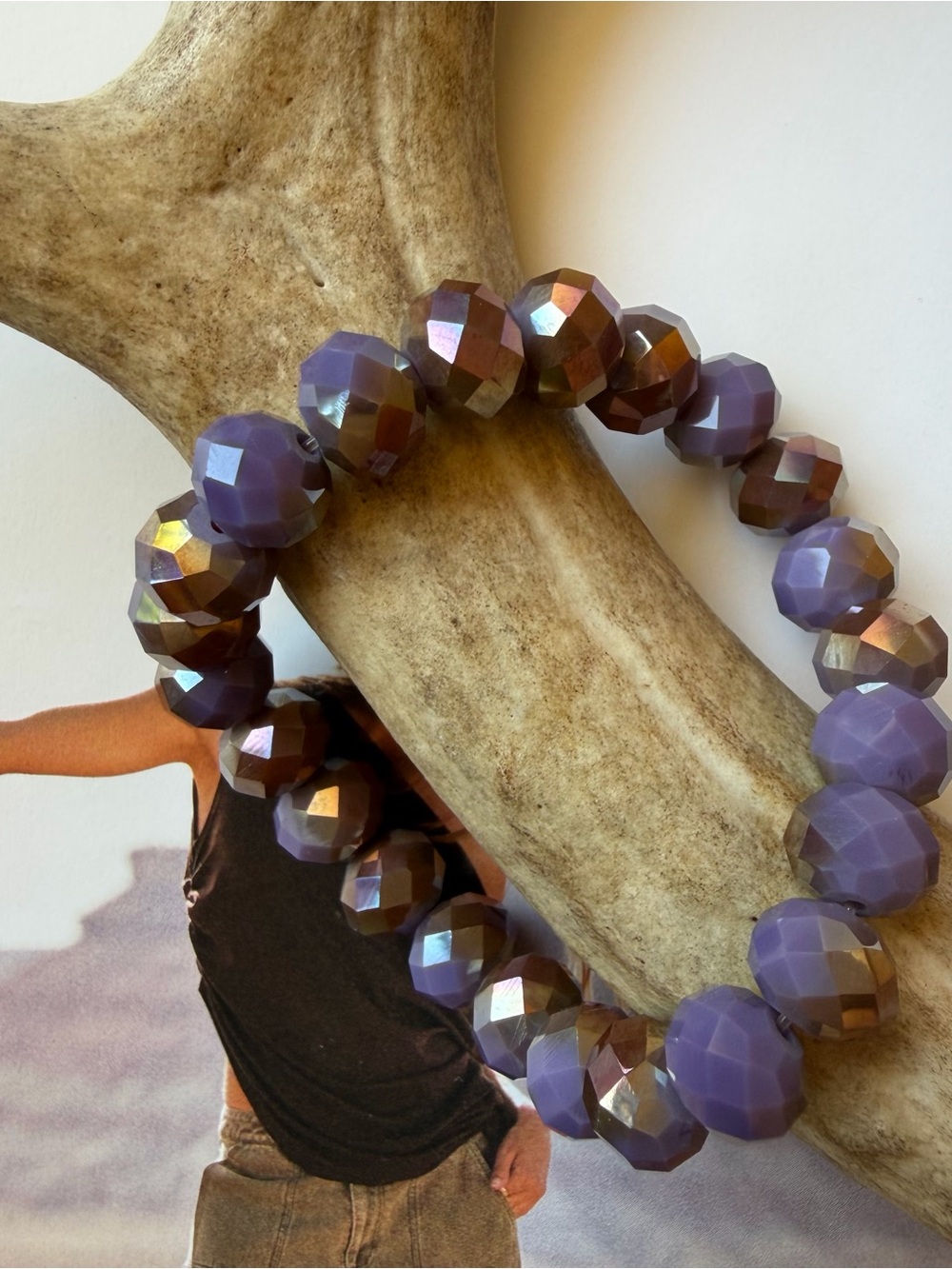 Purple & Bronze Faceted Glass Bead Stretch Bracelet | Boho Crystal Jewelry